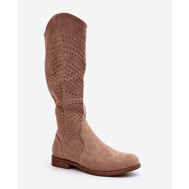 S.barski HY66-150 Stivali traforati su tacchi piatti Beige 1