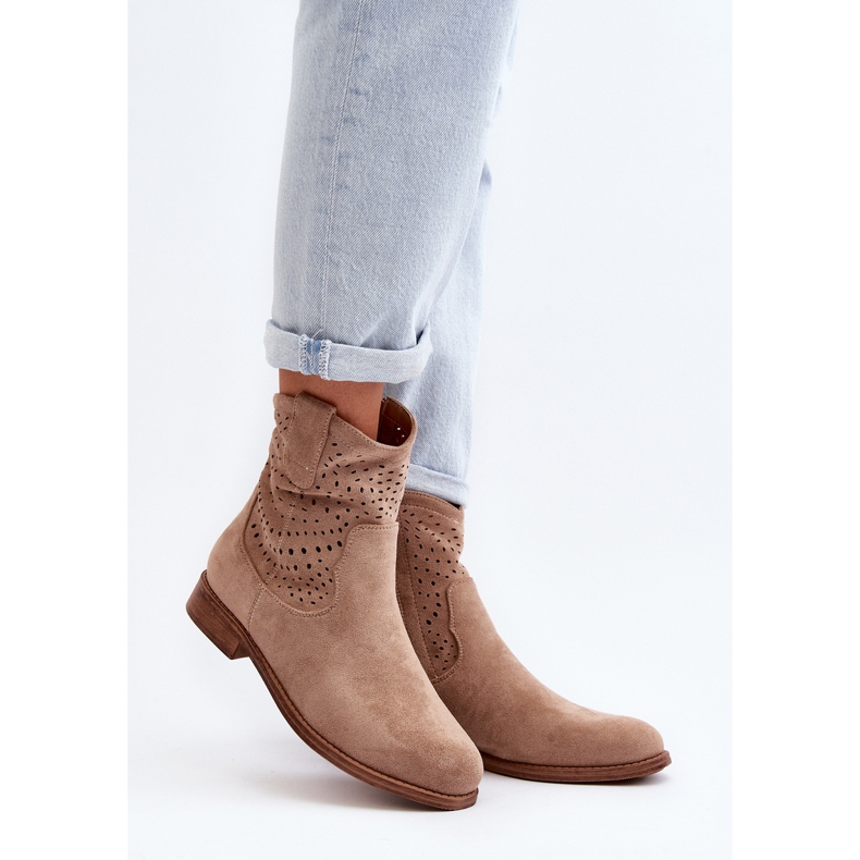 S.barski HY66-135 Stivali traforati da donna con tacco piatto Beige 2