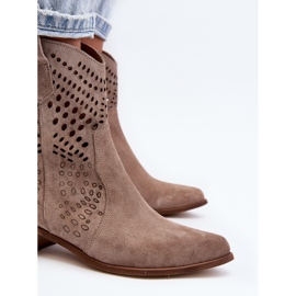 Zazoo 3305 Stivali da cowboy con tacco basso traforati da donna Camoscio Cappuccino beige 1