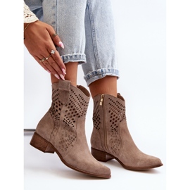 Zazoo 3305 Stivali da cowboy con tacco basso traforati da donna Camoscio Cappuccino beige 2