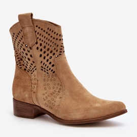 Zazoo 3305/2 Stivali da cowboy traforati con tacco basso da donna in pelle scamosciata Beige 2