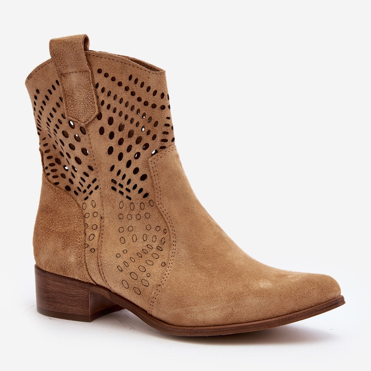 Zazoo 3305/2 Stivali da cowboy traforati con tacco basso da donna in pelle scamosciata Beige 2