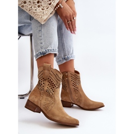 Zazoo 3305/2 Stivali da cowboy traforati con tacco basso da donna in pelle scamosciata Beige 1