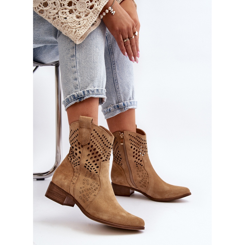 Zazoo 3305/2 Stivali da cowboy traforati con tacco basso da donna in pelle scamosciata Beige 1