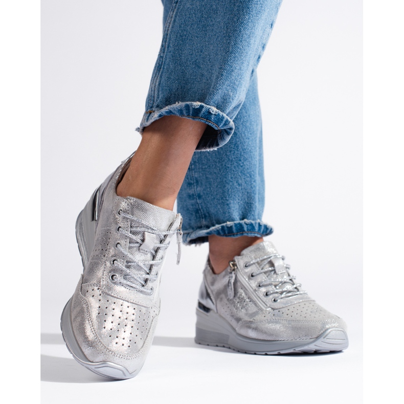 Sneakers con zeppa in pelle argento 1