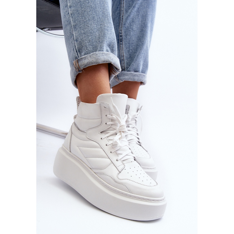 Scarpe sportive da donna in pelle con plateau Zazoo 3392/X, bianche bianco 2