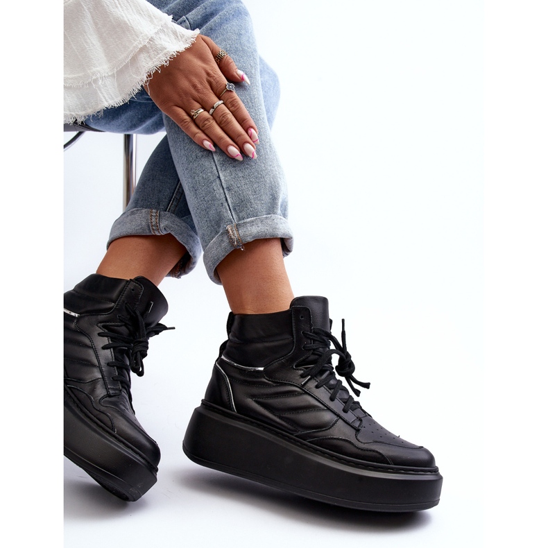 Scarpe sportive da donna in pelle con plateau Zazoo 3392/X, nere nero 1