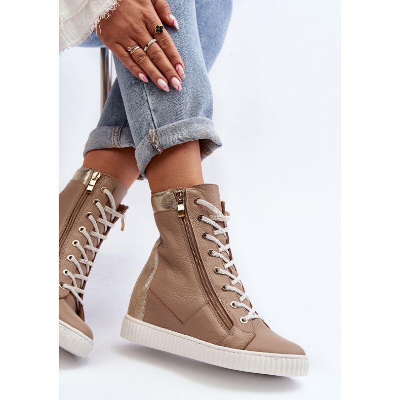 Zazoo 3081 Scarpe da ginnastica con zeppa in pelle da donna, Beige 1