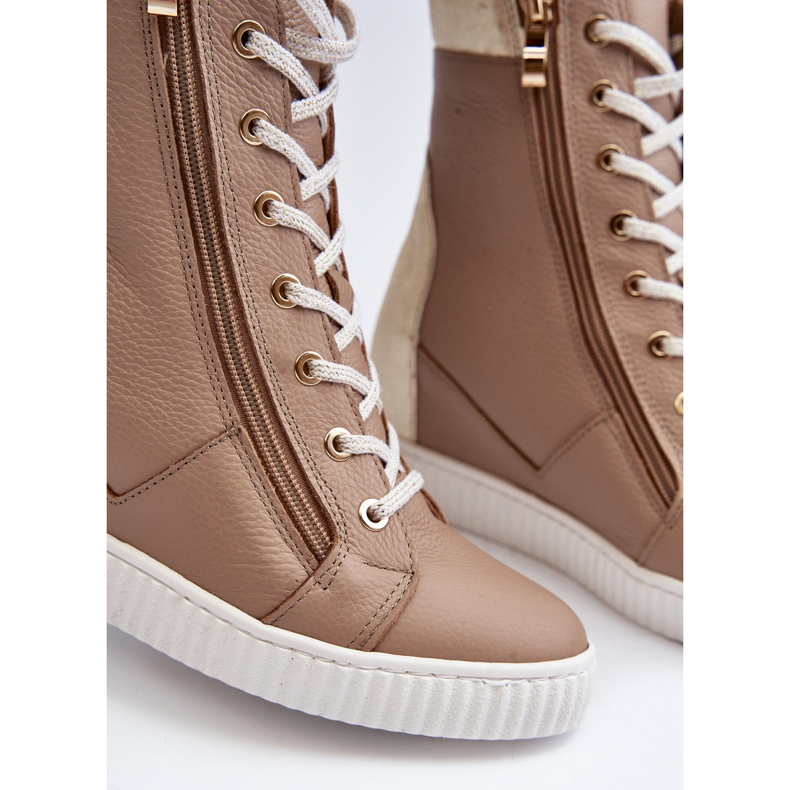Zazoo 3081 Scarpe da ginnastica con zeppa in pelle da donna, Beige 2