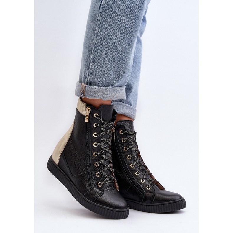 Zazoo 3081 Scarpe da ginnastica con zeppa in pelle da donna, nere nero 1