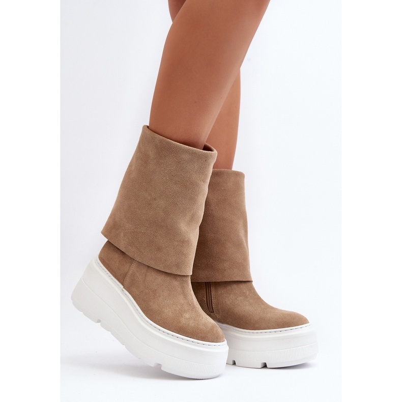 Zazoo 3410 Stivaletti da donna in pelle scamosciata su una piattaforma massiccia, Beige 2
