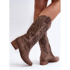 Zazoo 3403 Stivali traforati da donna con tacco basso, Beige scuro 2
