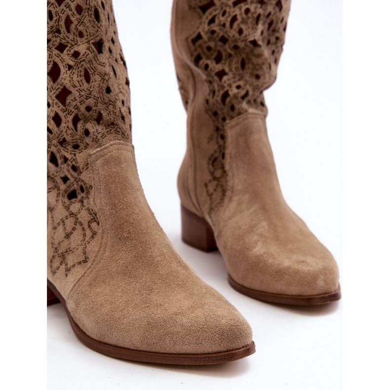 Zazoo 3403 Stivali traforati da donna con tacco basso Beige chiaro 2