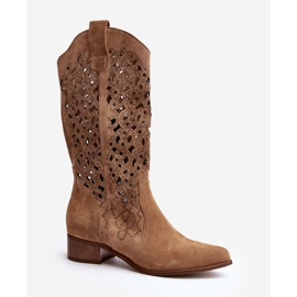 Zazoo 3403 Stivali traforati da donna con tacco basso, Beige 2