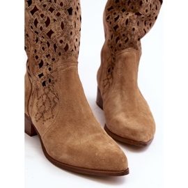 Zazoo 3403 Stivali traforati da donna con tacco basso, Beige 1