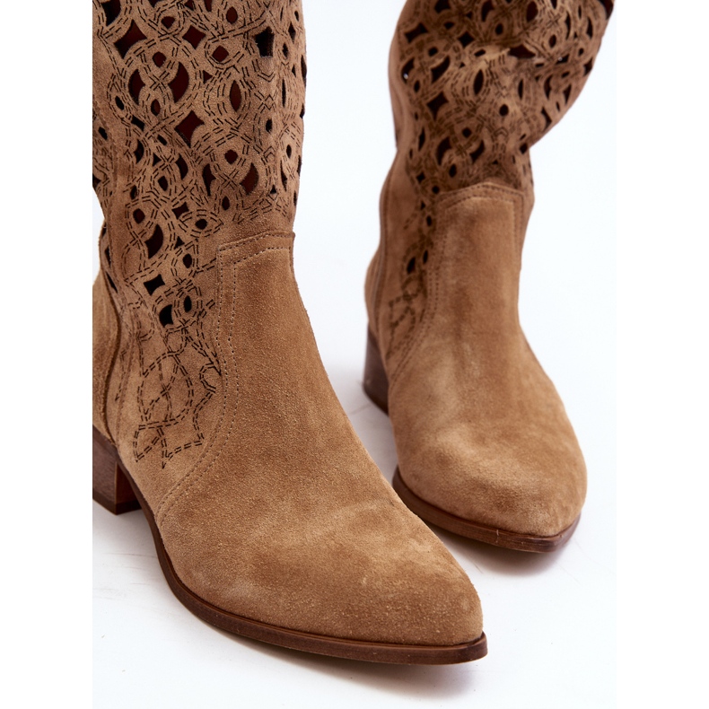 Zazoo 3403 Stivali traforati da donna con tacco basso, Beige 1