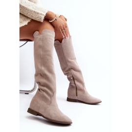 Zazoo 3407 Stivali al ginocchio in pelle scamosciata con tacco piatto cappuccino beige 2