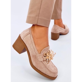 Mocassini Lorenz Camel con tacco alto e pietre beige 2