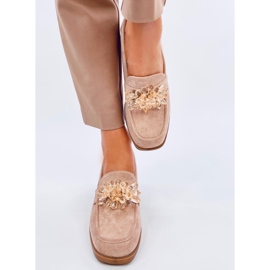 Mocassini Lorenz Camel con tacco alto e pietre beige 1