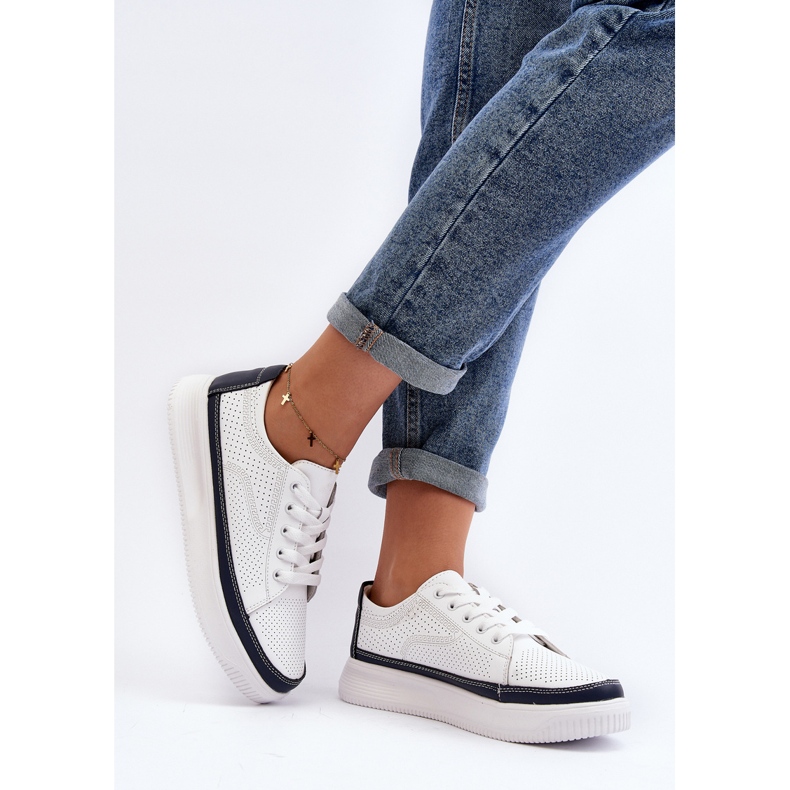 Sergio Leone Scarpe Sportive da Donna in Pelle Sneakers Bianche e Blu Navy Failla bianca 2