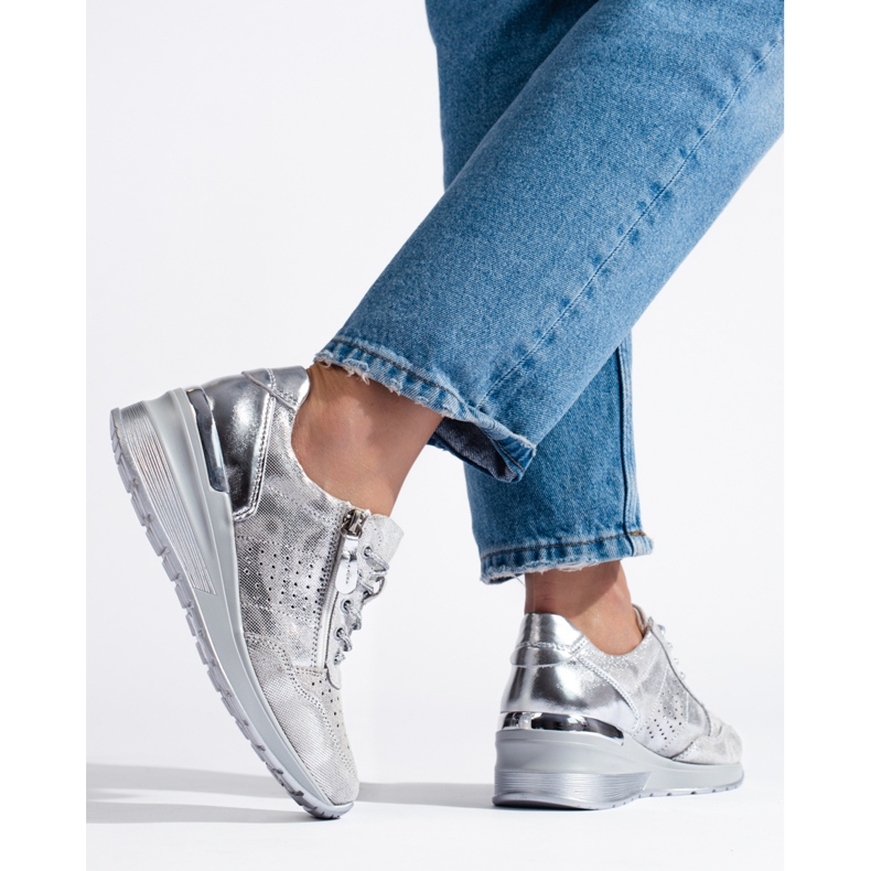 Sneakers con zeppa in pelle argento 2