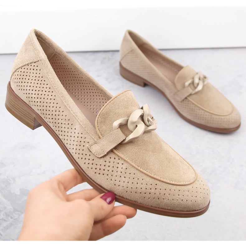 Scarpe da donna con tacco traforate in pelle scamosciata, beige Potocki SZ12052 1