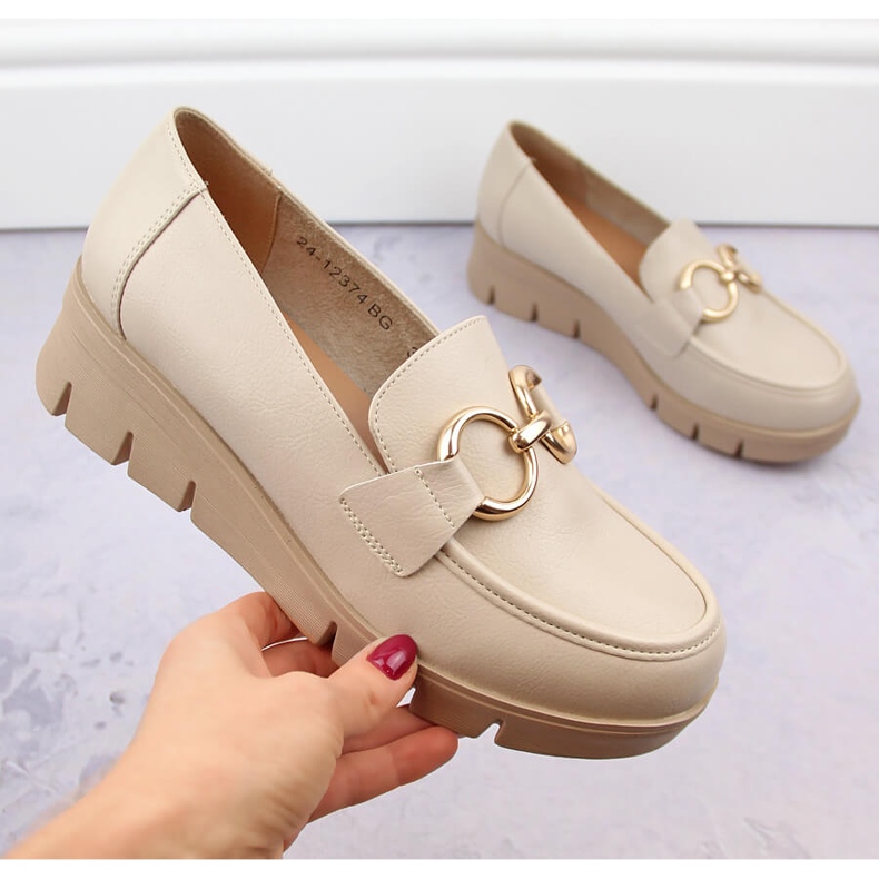Scarpe da donna, mocassini con zeppa, beige Potocki SZ12374 1