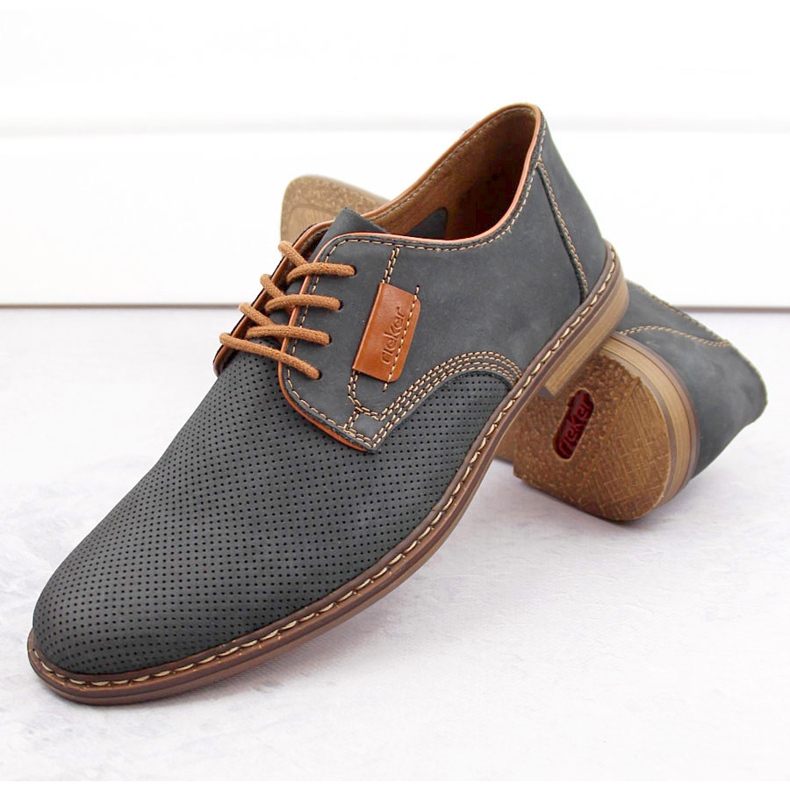 Scarpe da uomo comode in pelle blu navy Rieker 13439-14 1