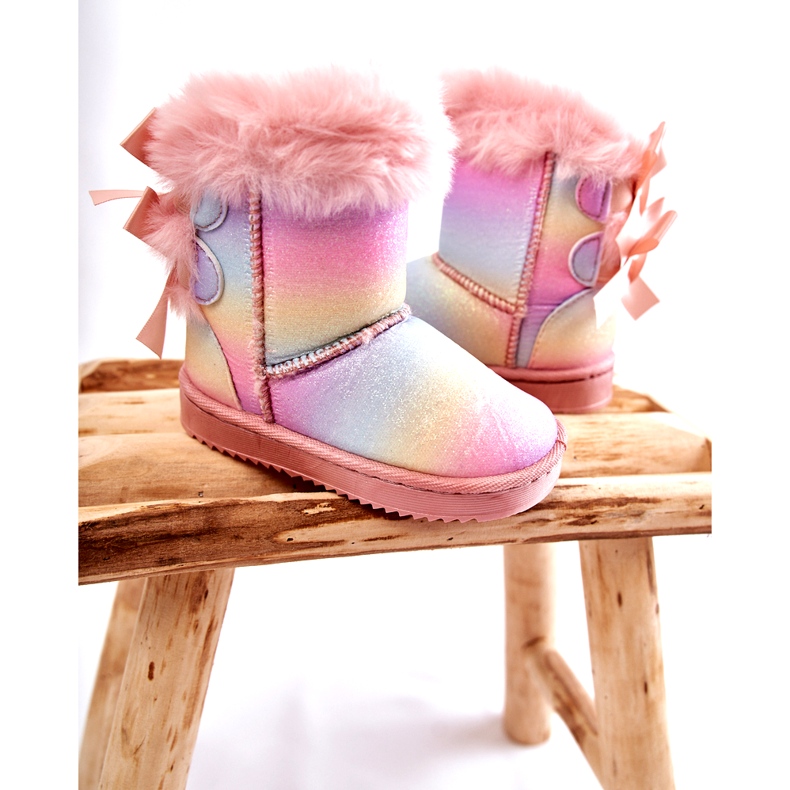 Stivali isolati per bambini con fiocchi, scarponi da neve multilolore rosa 2