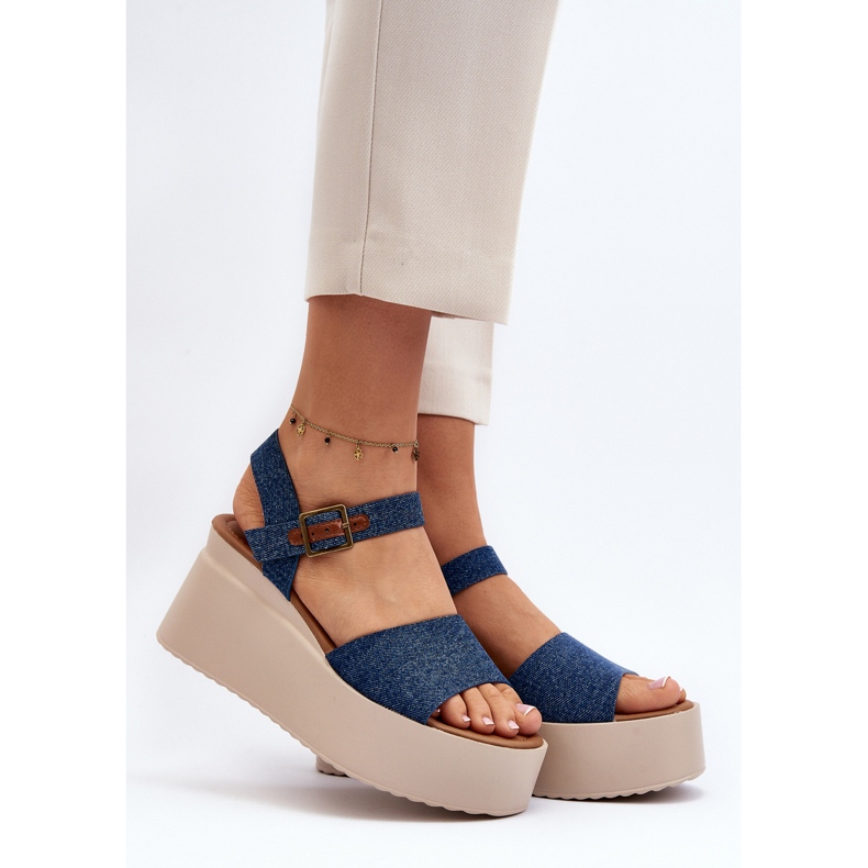 Sandali con zeppa in denim blu da donna di Geferia 2