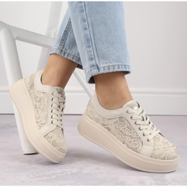 Scarpe sportive da donna in pizzo con plateau, beige S.Barski HY025 1