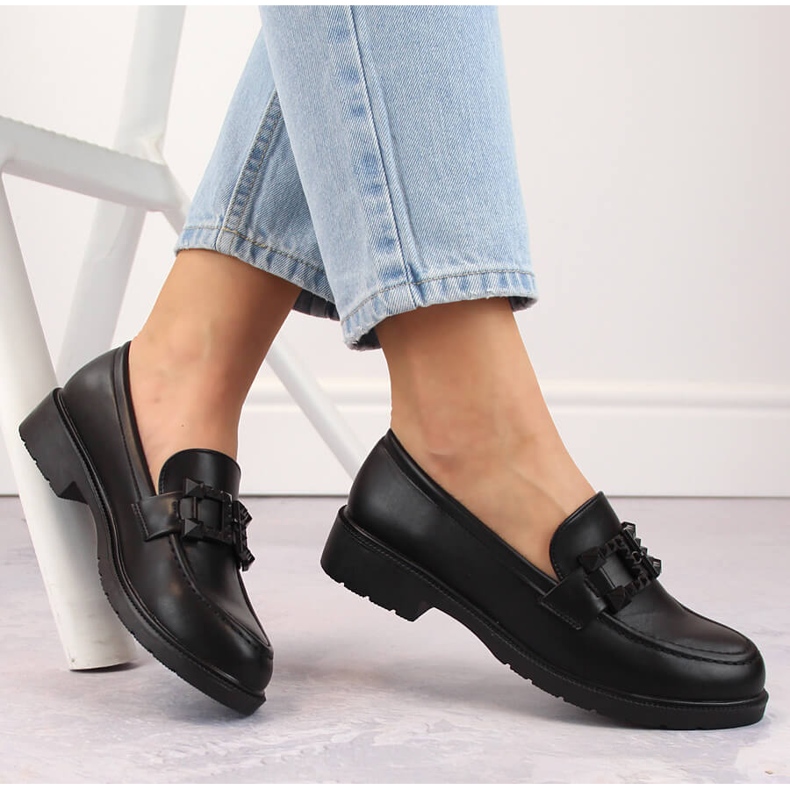 Scarpe da donna, mocassini slip-on con decorazione, nero S.Barski HY371 1