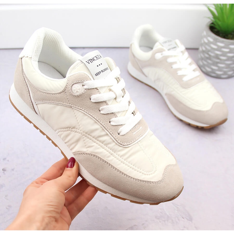 Scarpe sportive da donna stringate in pelle, beige Vinceza 72301 1