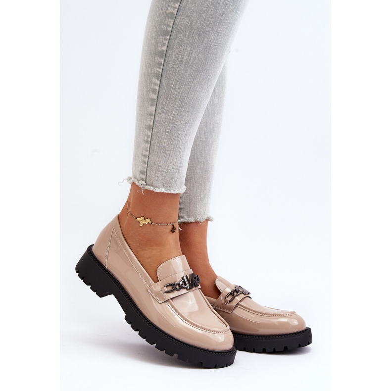 Vinceza Mocassini da donna in pelle verniciata con tacco piatto, Ezoma beige 2