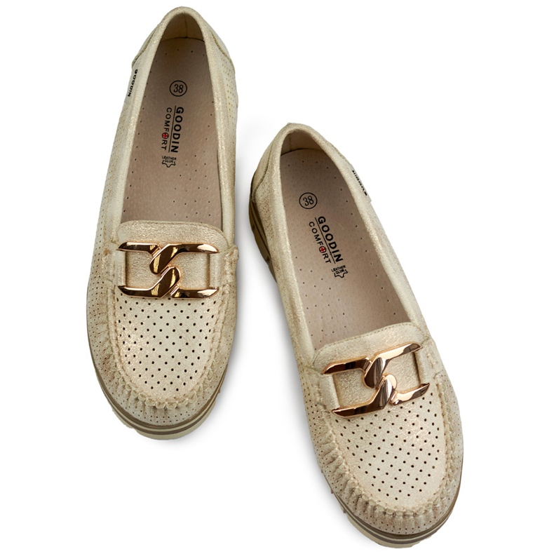 Mocassini traforati da donna comodi ed eleganti, scarpe traforate dorate beige 1