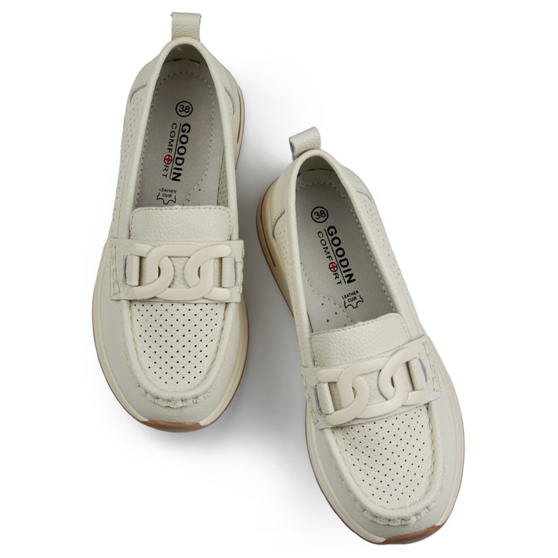 Comodi mocassini in pelle da donna, scarpe da donna traforate beige in pelle naturale 1