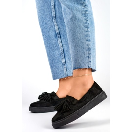 Scarpe da donna nere con frange, mocassini neri con frange nero 2