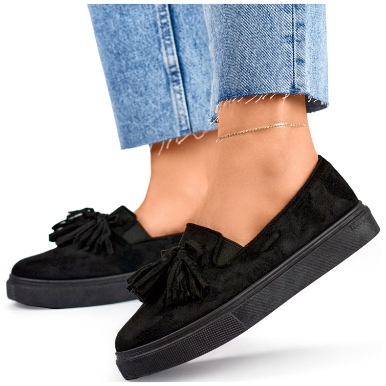 Scarpe da donna nere con frange, mocassini neri con frange nero 1