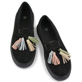 Scarpe da donna nere con frange colorate, mocassini neri con frange nero 1