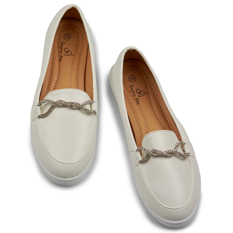 Comodi mocassini da donna bianchi con strass bianca 1