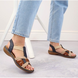 Comodi sandali slip-on da donna con elastici multicolor, Rieker 65918-90 beige 2