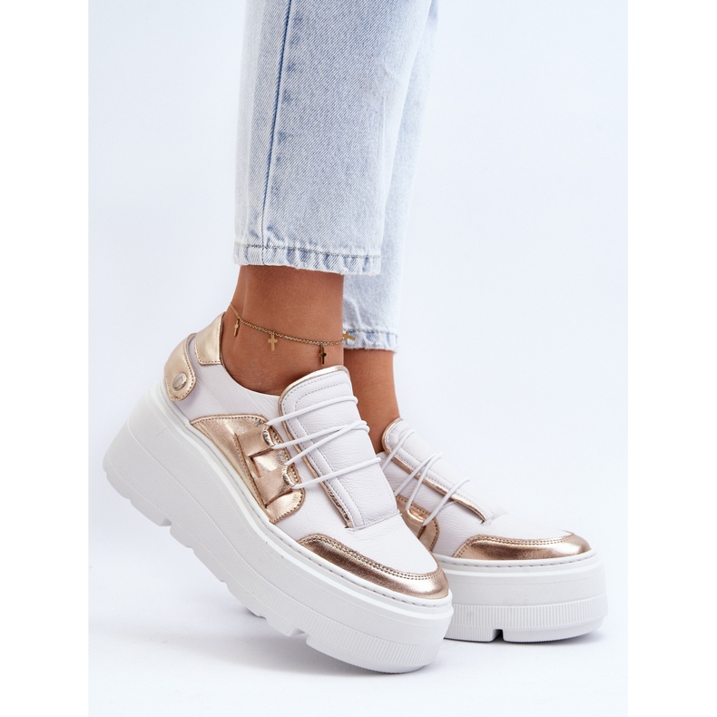 Zazoo 1833 Scarpe da ginnastica da donna in pelle con suola massiccia, bianche e dorate bianco 2