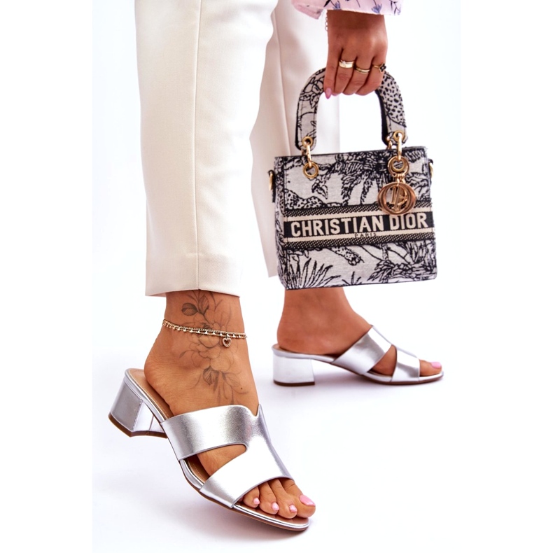 Joia Pantofole Classiche in Pelle con Tacco Basso, Argento d'argento 4