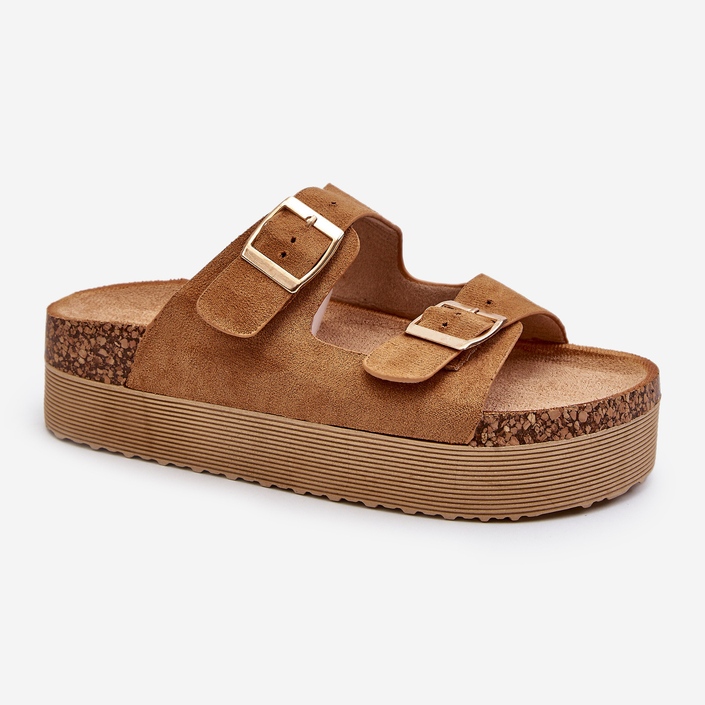 Infradito da donna con plateau Lolpey color cammello con fibbie marrone 1