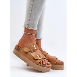 Infradito da donna con plateau Lolpey color cammello con fibbie marrone 2