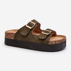 Infradito da donna con plateau e fibbie, Lolpey verde 1