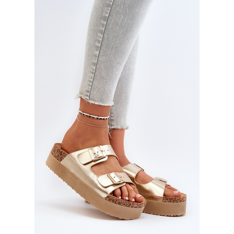 Infradito con plateau da donna con fibbie Lolpey dorate d'oro 1