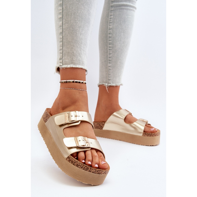 Infradito con plateau da donna con fibbie Lolpey dorate d'oro 2
