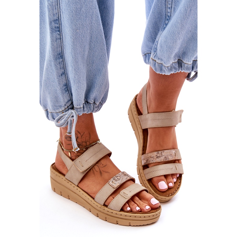 Vinceza Sandali da donna in pelle con velcro, Beige 2