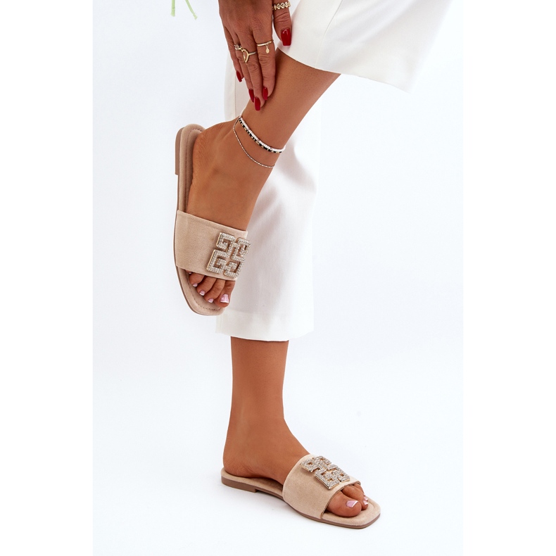 Infradito Da Donna Con Tacco Piatto Con Decorazione, Inaile Beige 1